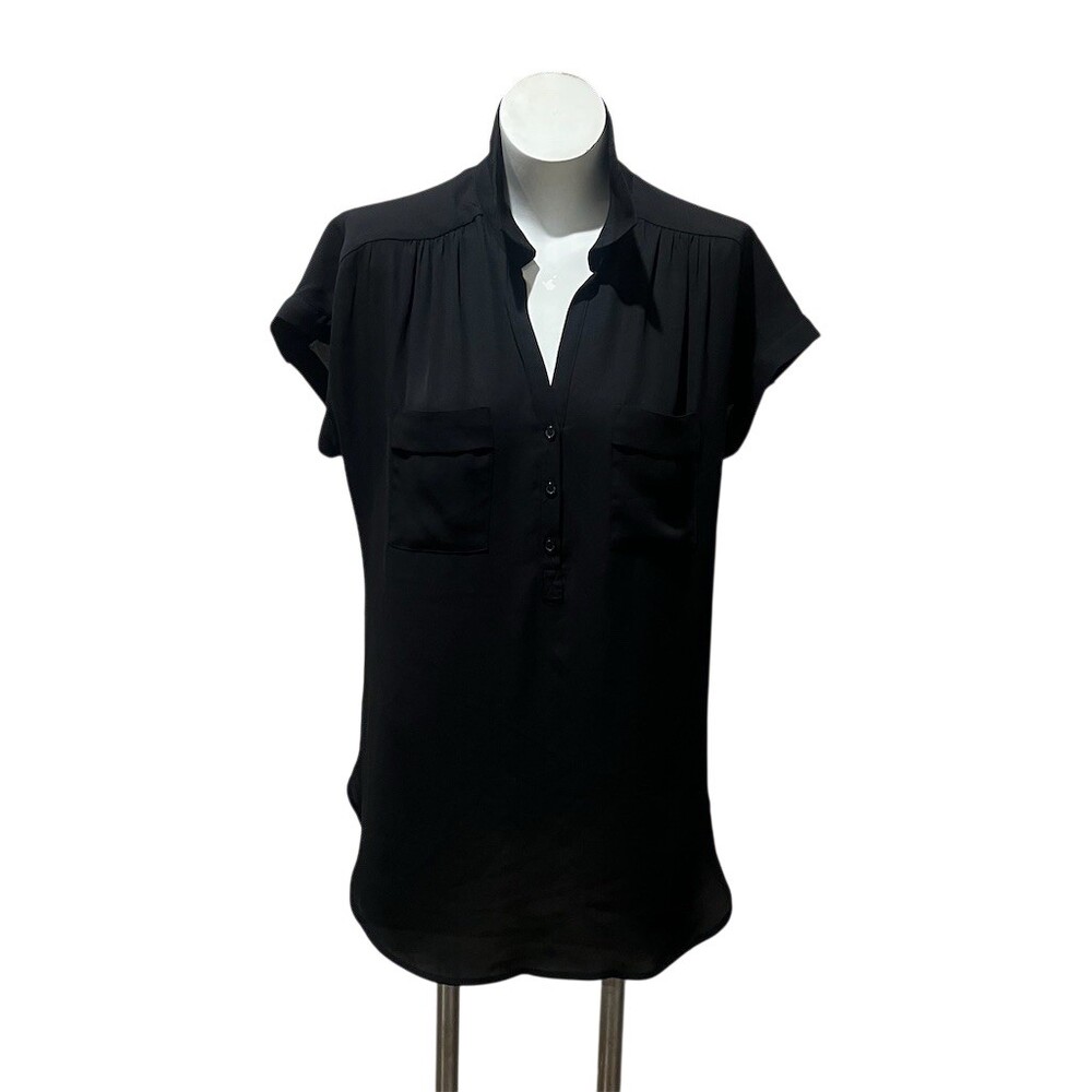 Pleione Blouse Womens M Black Tunic V-Neck Short Sleeve Chest Pockets